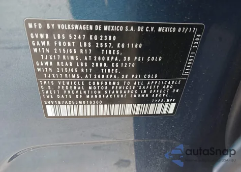 2018 Volkswagen Tiguan 2.0T S из США, поврежденный, VIN 3VV1B7AX5JM016360